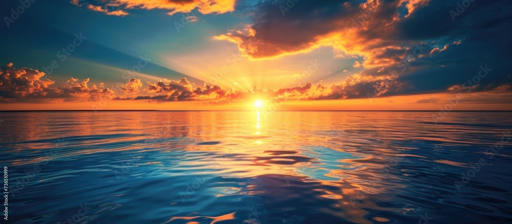 Sunset over water in golden and blue hues. - obrazy, fototapety, plakaty 