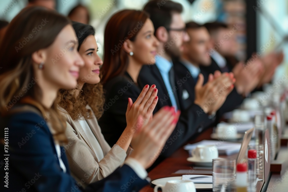 group of people applauding at a serious meeting