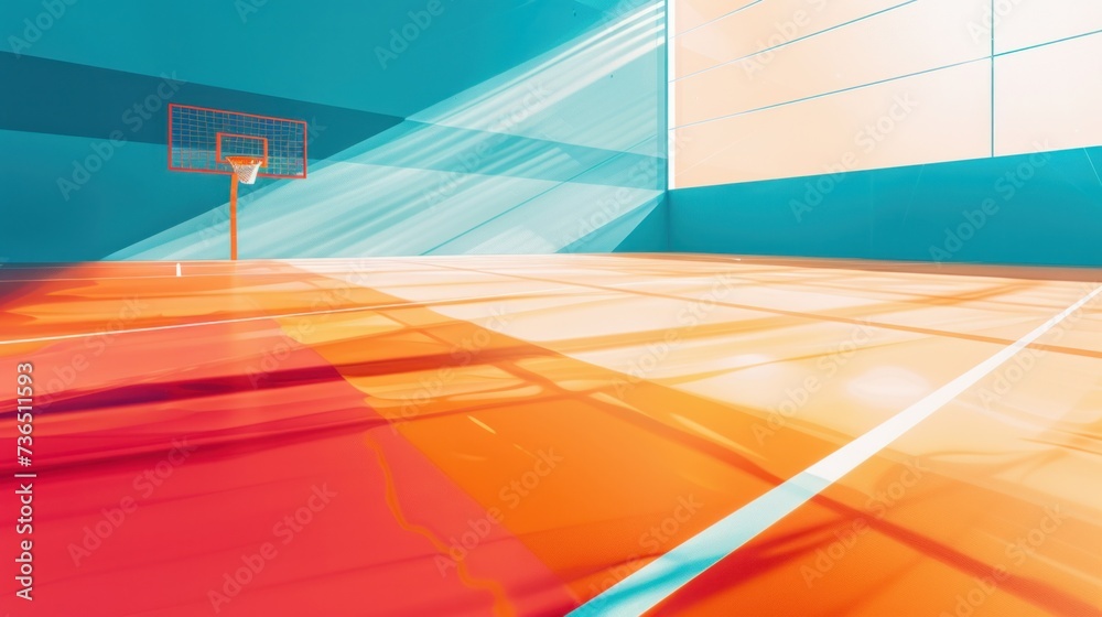 A stylized, abstract graphic representation of a netball court, capturing its unique layout and vibrant energy