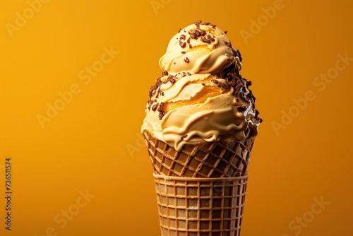 A cone of banana ice cream sprinkled with chocolate on a yellow background.