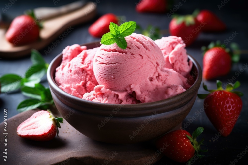 Pink ice cream ball. Food summer. Generate Ai Pink ice cream ball. Food summer. Generate Ai