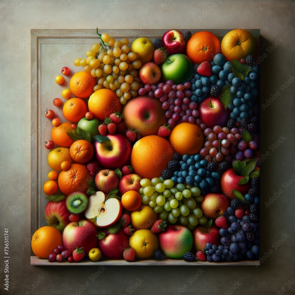 Realistic of Assorted Fruit with Empty Space on the Right for Insertion, Positioned Against a Neutral Background, compete, produce, citrus Realistic of Assorted Fruit with Empty Space on the Right for Insertion, Positioned Against a Neutral Background, compete, produce, citrus