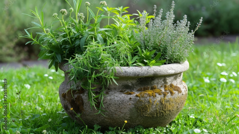 A collection of fresh, green herbs nestled in a traditional mortar, ready for grinding A collection of fresh, green herbs nestled in a traditional mortar, ready for grinding