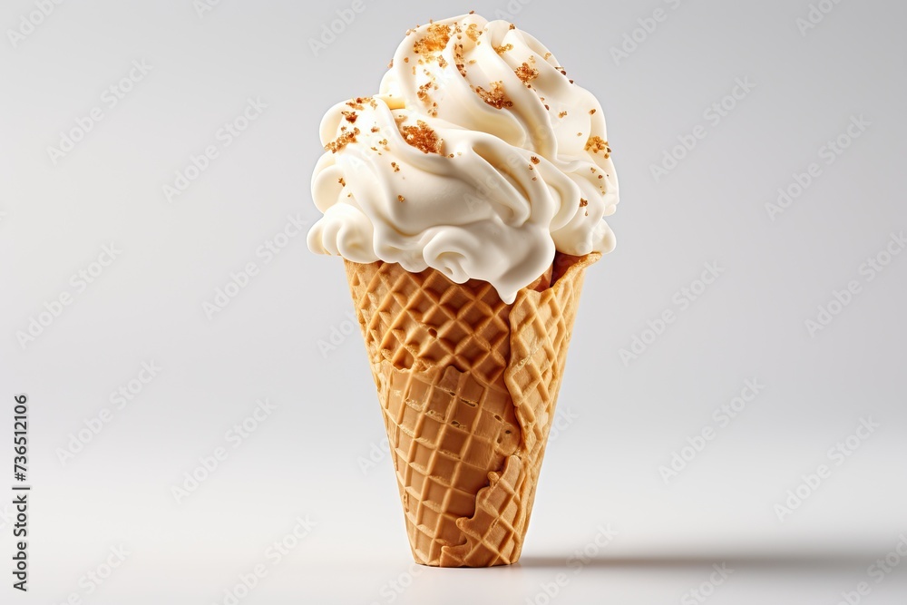 A large waffle glass with a large portion of milk ice cream. A large waffle glass with a large portion of milk ice cream.