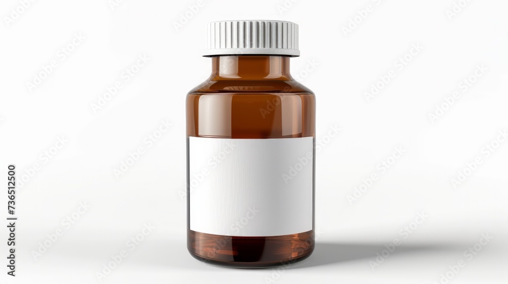 A simple yet clear image of a medicine bottle with a blank label, set against a crisp white background A simple yet clear image of a medicine bottle with a blank label, set against a crisp white background