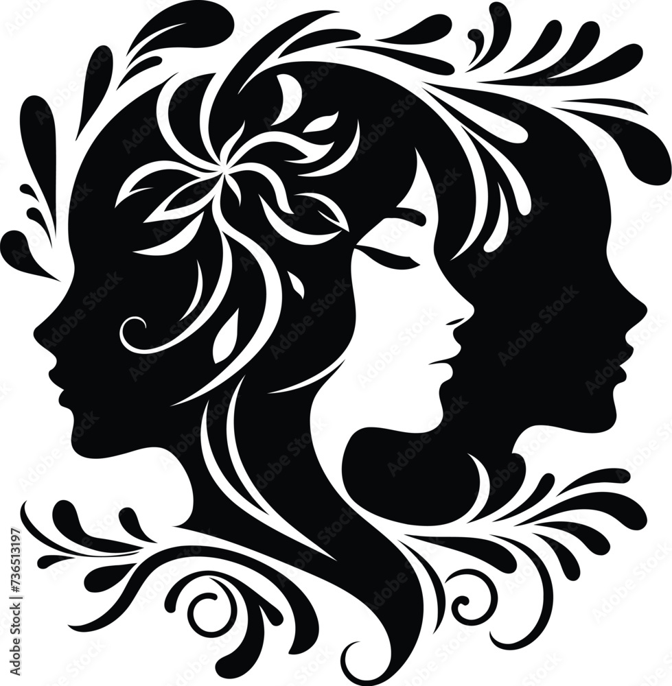girl playing in a swing, silhouette flowers ornament decoration, floral vector design. girl playing in a swing, silhouette flowers ornament decoration, floral vector design.
