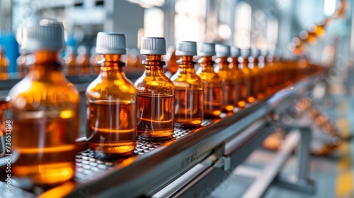 A glimpse into the pharmaceutical industry, showcasing a production line with a conveyor machine