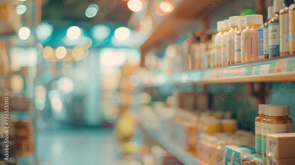 An inviting yet softly blurred image of a pharmacy, highlighting the light tones and the well-stocked shelves of drugs