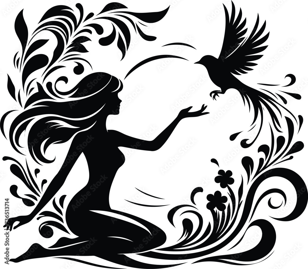 girl playing in a swing, silhouette flowers ornament decoration, floral vector design. girl playing in a swing, silhouette flowers ornament decoration, floral vector design.