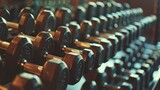 Neat rows of various dumbbells lined up in the gym, showcasing an array of weights and sizes ready for a rigorous workout session