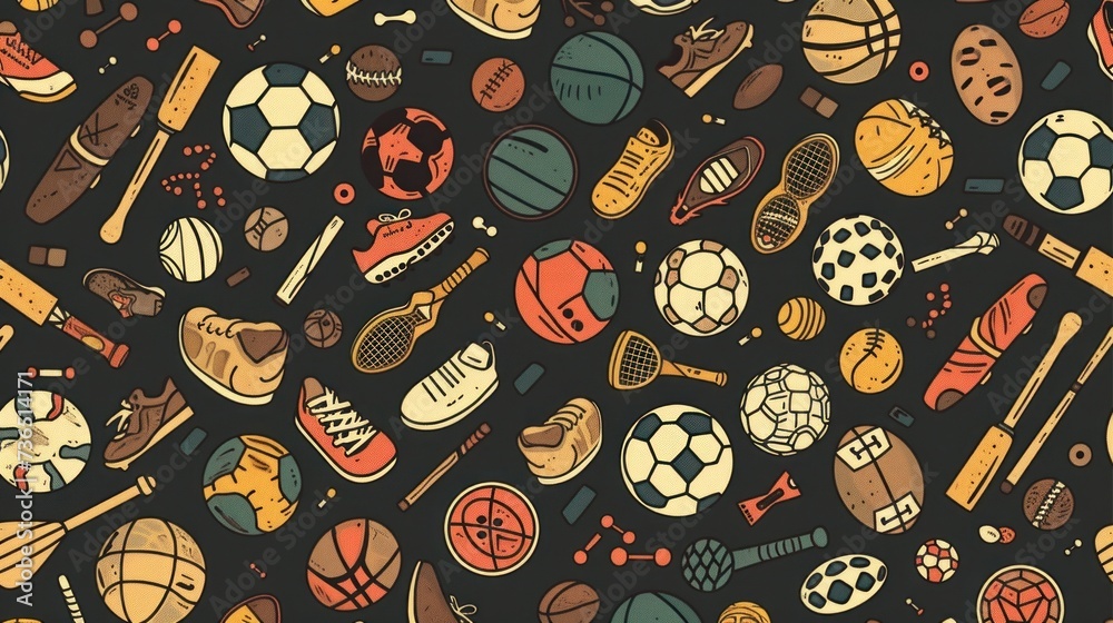 A vibrant and engaging seamless pattern adorned with an array of sports icons, creating a dynamic A vibrant and engaging seamless pattern adorned with an array of sports icons, creating a dynamic