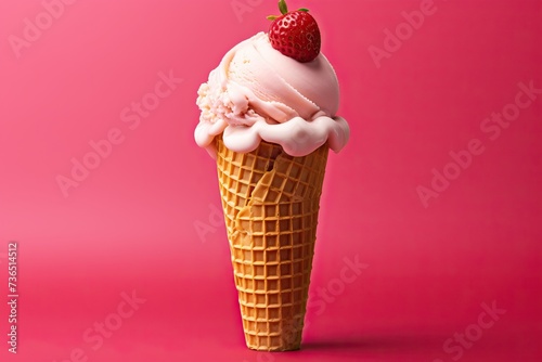 Strawberry ice cream in a waffle cup on a red background.