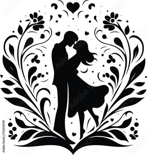 lover kissing silhouette flowers ornament decoration  floral vector design. 