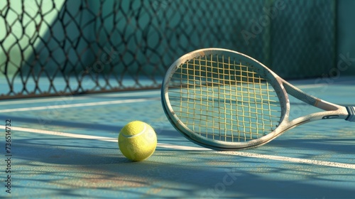 A vivid image capturing a tennis ball and racket resting on the textured surface of a tennis court © Chingiz