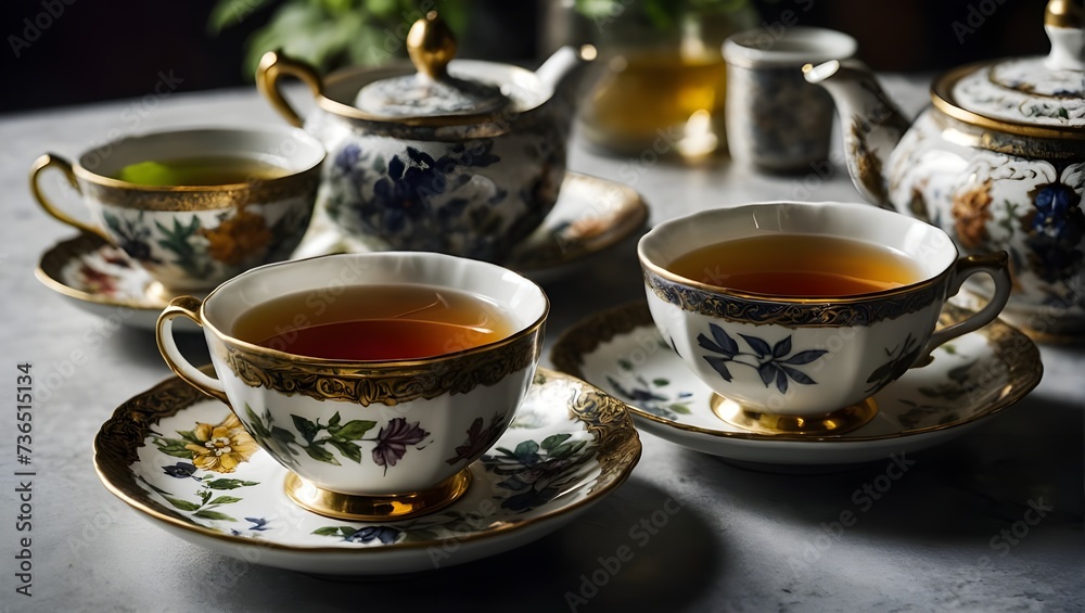 Savor the Moment: A Cup of Tea, Symbolizing Tranquility and Elegance, Served in a Floral Patterned, Golden Rimmed Teacup, generative AI Savor the Moment: A Cup of Tea, Symbolizing Tranquility and Elegance, Served in a Floral Patterned, Golden Rimmed Teacup, generative AI