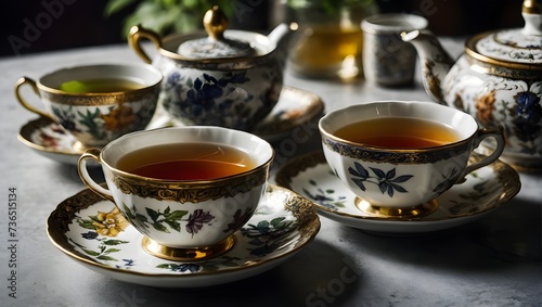 Savor the Moment: A Cup of Tea, Symbolizing Tranquility and Elegance, Served in a Floral Patterned, Golden Rimmed Teacup, generative AI