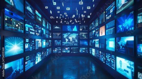 An abstract fantasy room in cyberspace, where the walls are composed of screen monitors filled with flowing digital digits
