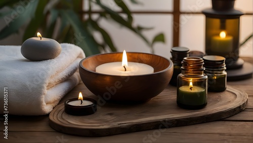 Soothing Serenity: A Spa Experience with Warm Candlelight, Smooth Stones, Essential Oils, and Plush Towels Amidst Lush Greenery, generative AI