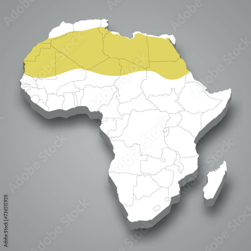 Sahara region location within Africa 3d map