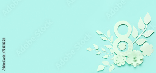 Paper figure 8, beautiful flowers and leaves on turquoise background with space for text. International Women's Day