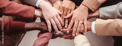 Teamarbeit, Einheitskonzept, eine Gruppe von Freunden legt ihre Hände zusammen, Textfreiraum, Arbeitskollegen, Teambuilding