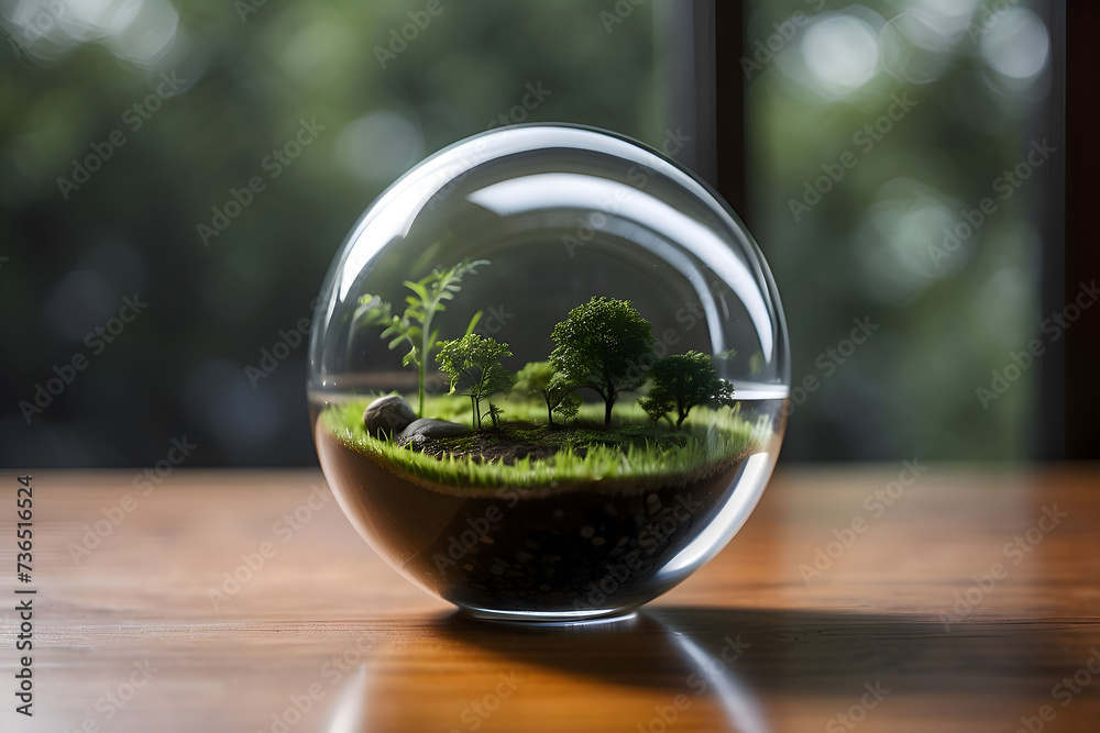 Glass ball with a miniature ecosystem, sustainable ecology concept, generative AI