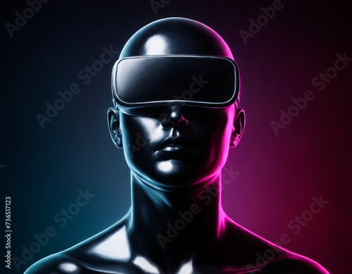 3D illustration of a bald man wearing a VR headset on a neon style dark blue and purple background.