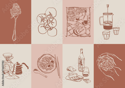 Minimalist hand drawn food and drink vector print poster collection. Art for postcards, branding, logo design, background.