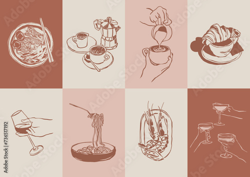 Minimalist hand drawn food and drink vector print poster collection. Art for postcards, branding, logo design, background.