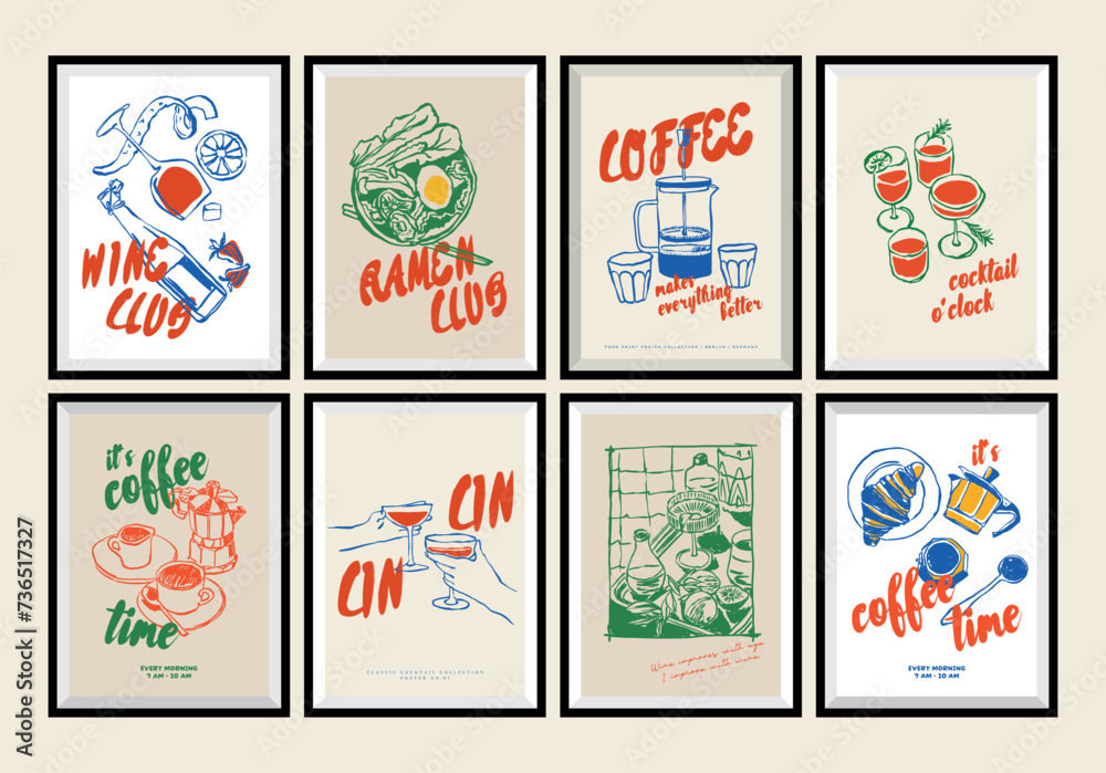 Minimalist hand drawn food and drink vector print poster collection. Matisse style. Art for postcards, branding, logo design, background.