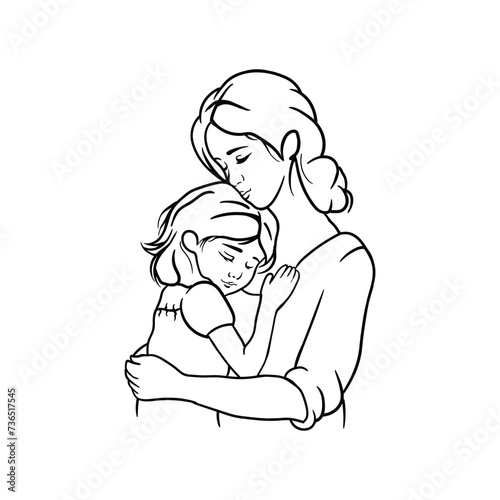 Line drawing of a young mother with her daughter
