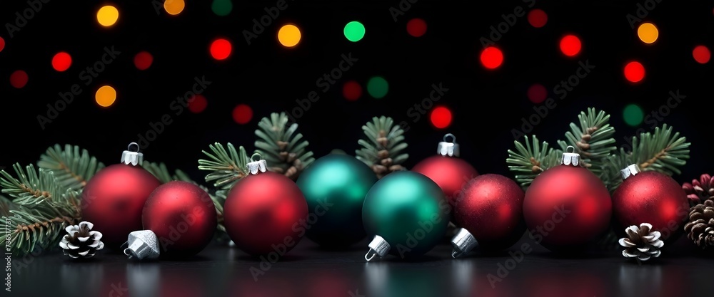 Christmas decorations with red and green baubles, pine branches, and pine cones on a surface with colorful bokeh lights in the background