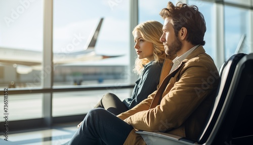Retrato de una joven pareja sentada en la sala de espera de un aeropuerto.