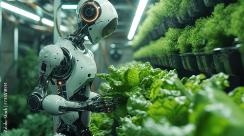 Artificial intelligence robot picking lettuce with robotic automated arm.