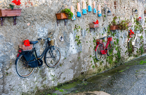 green wall decorated with old vintage colorful bicycle with flower pots and art photo