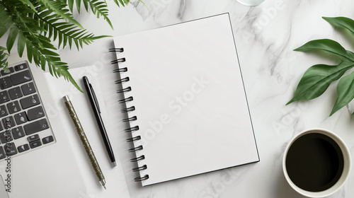 A minimalistic and stylish blank notebook mockup, featuring a sleek black cover and intricate binding, placed on a desk alongside a set of vibrant pens. The focus is on the captivating desig photo