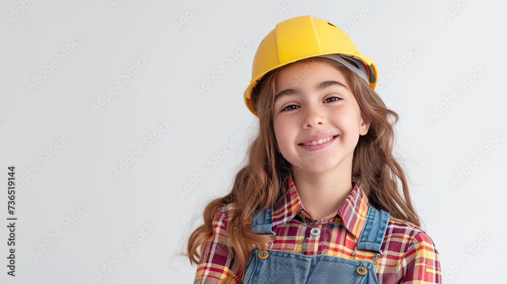 a beautiful brunette girl wearing a vibrant yellow helmet, a red checkered shirt, and blue overalls, as she smiles against a pristine studio white background, exuding confidence. a beautiful brunette girl wearing a vibrant yellow helmet, a red checkered shirt, and blue overalls, as she smiles against a pristine studio white background, exuding confidence.