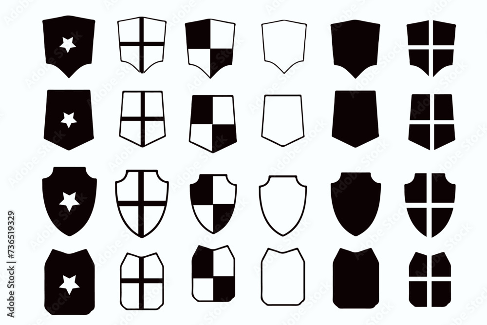 Shield, protection, defence and security vector icons set. Police and military badge shield silhoutte symbols. Collection of vector shields. Shield badge symbol. Label collection for soccer. - obrazy, fototapety, plakaty 