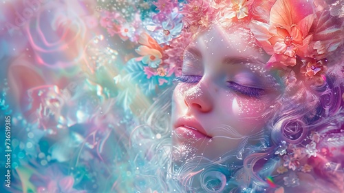 The image showcases a serene figure seemingly in a state of tranquility, with eyes gently closed, resting amongst a kaleidoscope of vivid flowers and shimmering sparkles that evoke an ethereal and fan