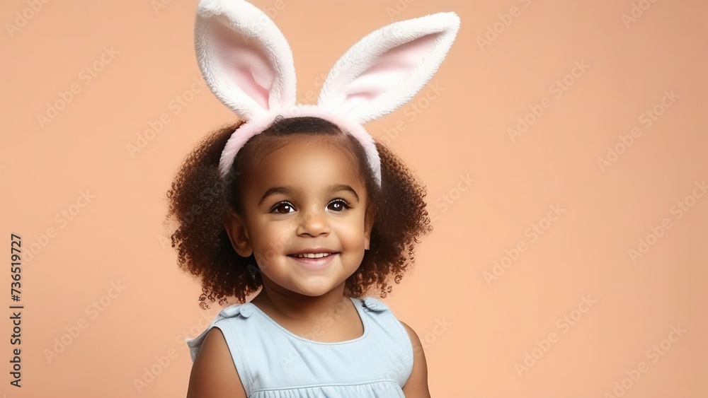 little happy afro american girl in a bunny costume on a background of peach fuzz, portrait of a child wearing bunny ears for easter, happy easter concept
