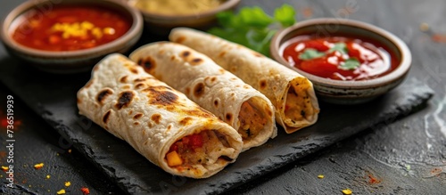 Popular Indian school lunch option: Chapati Roll with tomato ketchup or fruit jam/jelly, selective focus. © 2rogan