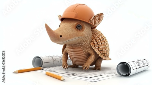 A delightful 3D armadillo adorned in a hard hat takes on the role of an architect, holding blueprints while showcasing a charming smile. Perfect for showcasing creativity, planning, and dete photo