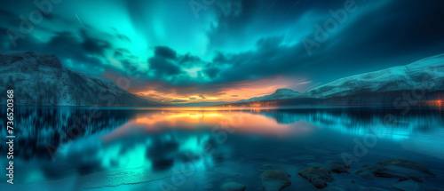 Majestic Twilight Over Snow-Capped Mountains with Northern Lights and Reflective Lake Scenery