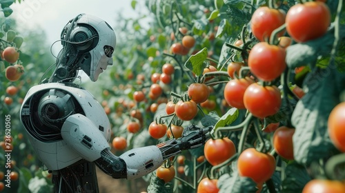 Robot picking tomatos from hydroponic farm . photo