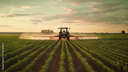 a tractor equipped with pesticide sprayers as it moves through a vast soybean field, its mechanical arms extending to reach the crops below, modern agricultural practices.