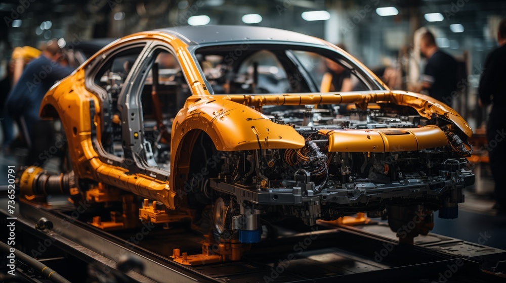 a car is being built in a factory on a conveyor belt