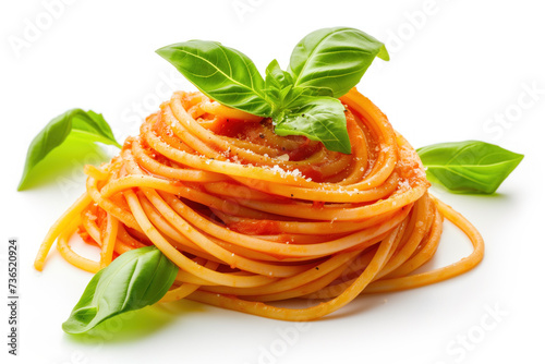 Twirl of spaghetti pasta with tomato sauce, garnished with fresh basil leaves on white.