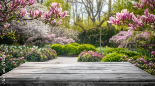 an empty light grey wooden table set against the backdrop of a lush garden with a blooming magnolia tree, evoking a sense of tranquility and natural beauty.