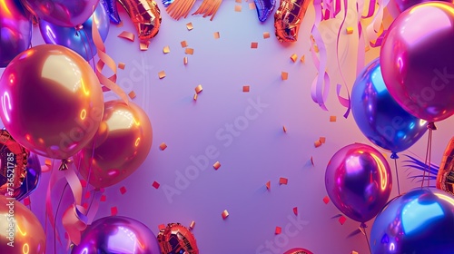 The image showcases an array of shiny metallic balloons in shades of gold and blue, complemented by swirling ribbons and confetti against a soft purple background, suggesting a lively celebration or p