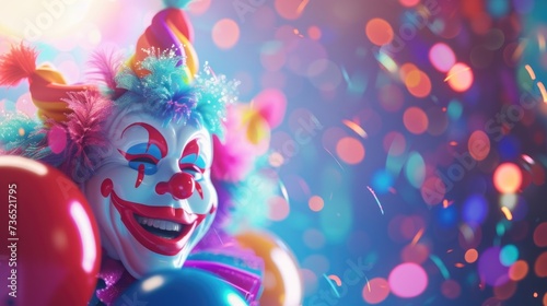 This image captures a cheerful clown figurine adorned with a colorful outfit and a joyful smile. The background is a dazzling array of bokeh lights, creating a festive and magical atmosphere that radi
